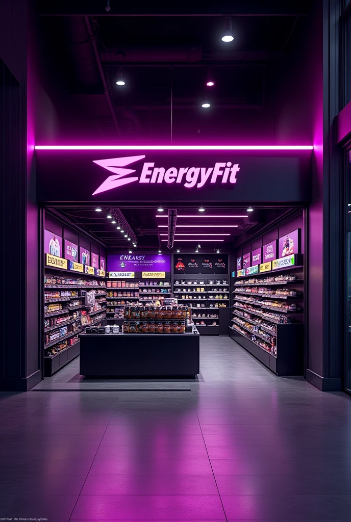 Create a storefront for a supplement store in purple and black with the name ENERGYM FIT and a logo with a dumbbell