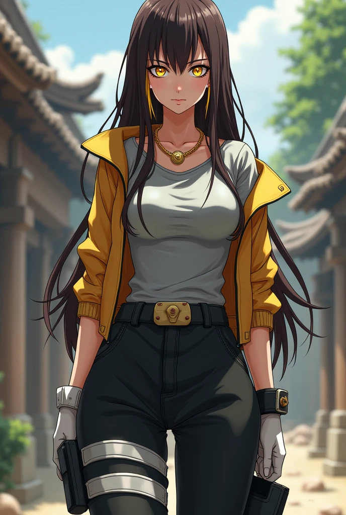 Full body. Physically attractive woman with long dark brown hair and a long golden streak, yellow eyes, wearing a golden necklace around her neck, a gray long sleeve blouse, a gold colored jacket, black oversized pants, a utility belt, leather boots, white colored gloves . anime styling Naruto. Full-body