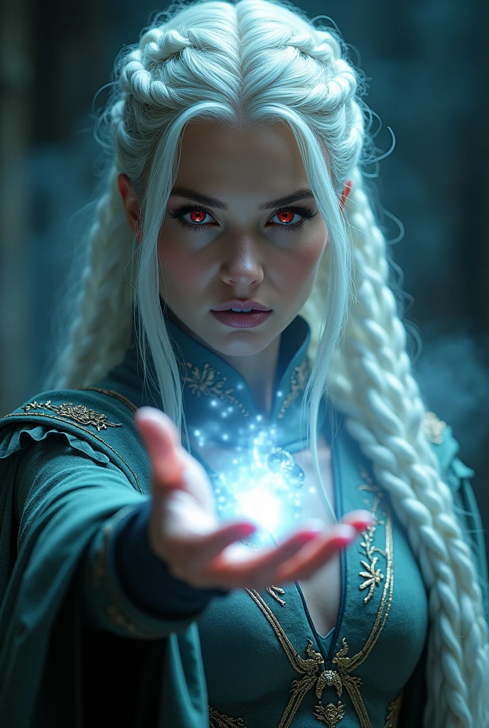 a highly detailed portrait of a ultra sexy white-haired sorceress with braided hair, red eyes, casting a spell towards the viewer, full body view, 8k, photorealistic, hyper detailed, realistic skin, volumetric lighting, dramatic lighting, intricate details, chiaroscuro,fantasy,dark fantasy,magic,mystical,occult,supernatural,enchanting,bewitching