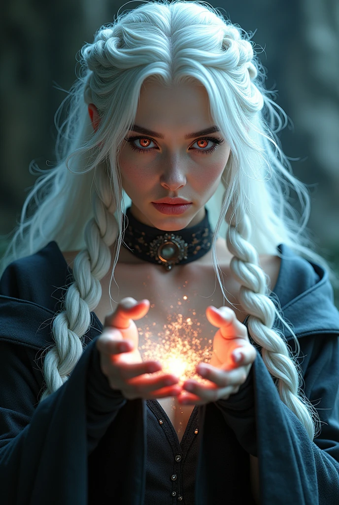 a highly detailed portrait of a ultra sexy white-haired sorceress with braided hair, red eyes, casting a spell towards the viewer, full body view, 8k, photorealistic, hyper detailed, realistic skin, volumetric lighting, dramatic lighting, intricate details, chiaroscuro,fantasy,dark fantasy,magic,mystical,occult,supernatural,enchanting,bewitching
