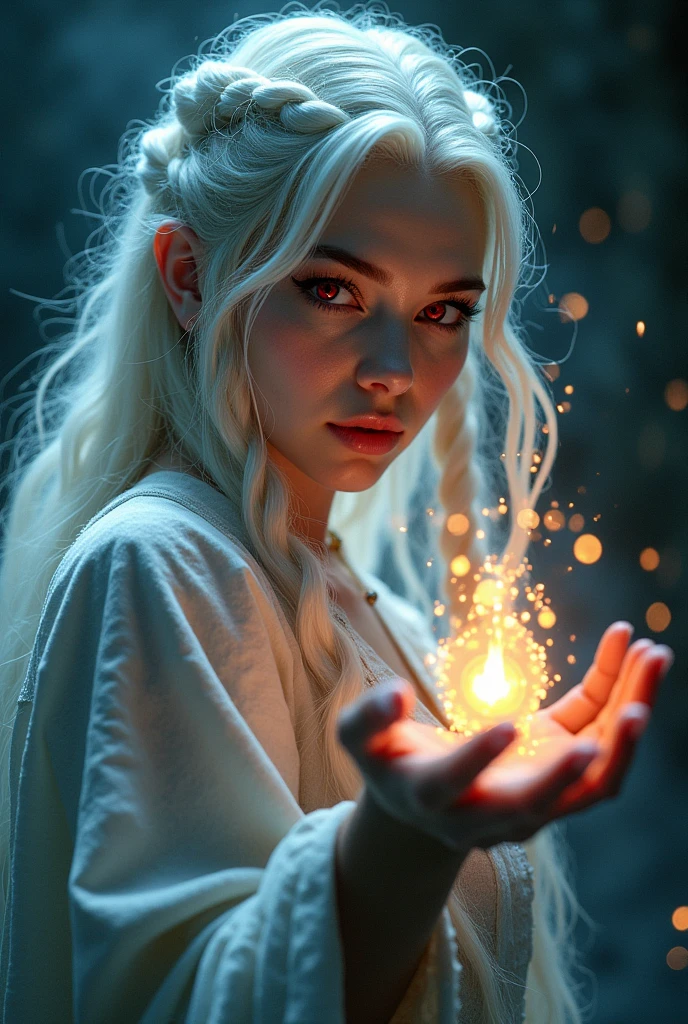 a highly detailed portrait of a ultra sexy white-haired sorceress with braided hair, red eyes, casting a spell towards the viewer, full body view, 8k, photorealistic, hyper detailed, realistic skin, volumetric lighting, dramatic lighting, intricate details, chiaroscuro,fantasy,dark fantasy,magic,mystical,occult,supernatural,enchanting,bewitching