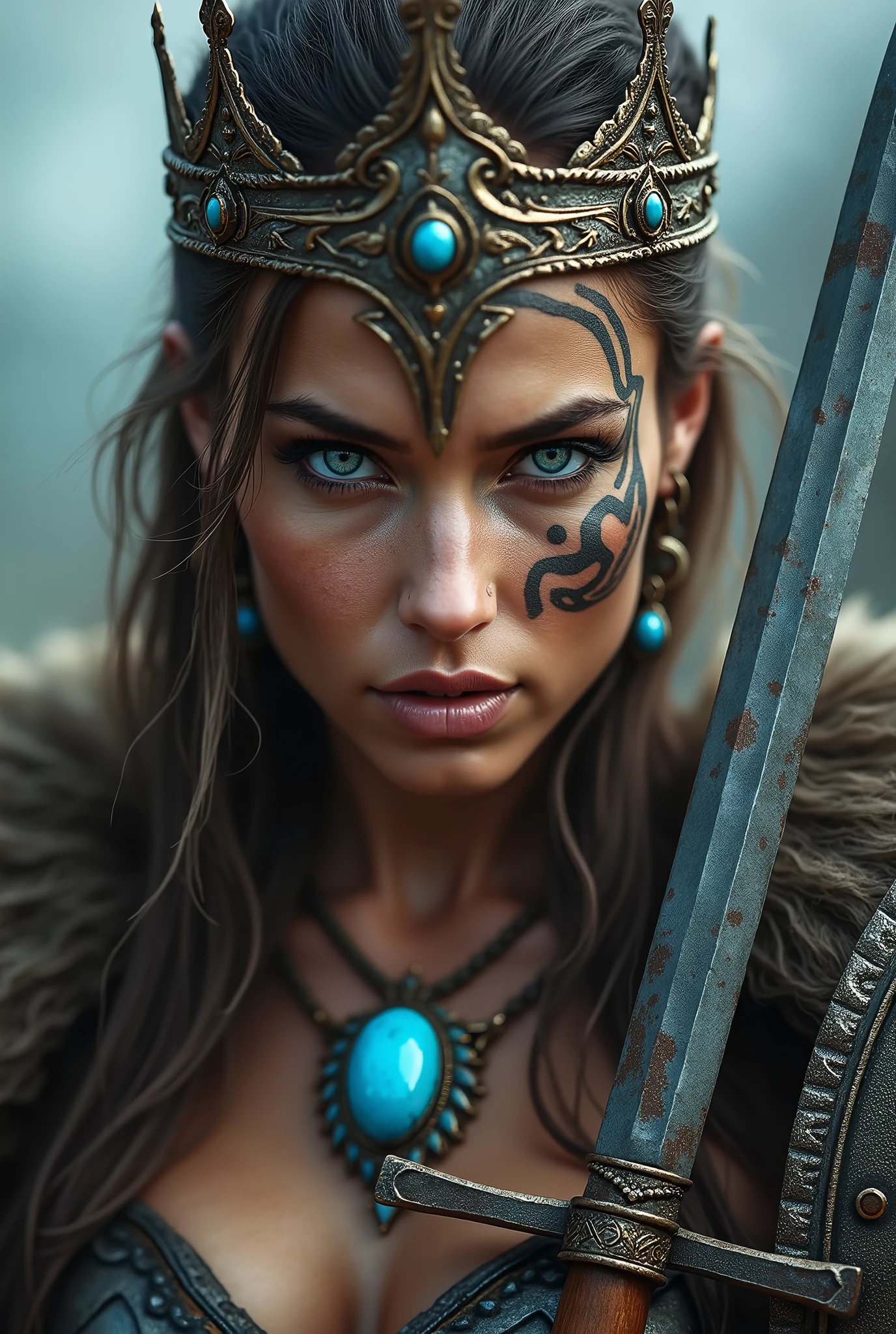 Close up face beautiful viking woman, 40 years old,  shield and axe in hand , blue eyes with lightning, large crown on head , tribal tattoo on face, Angry, blue stone neck necklace,  battle outfit, knife close to the face
