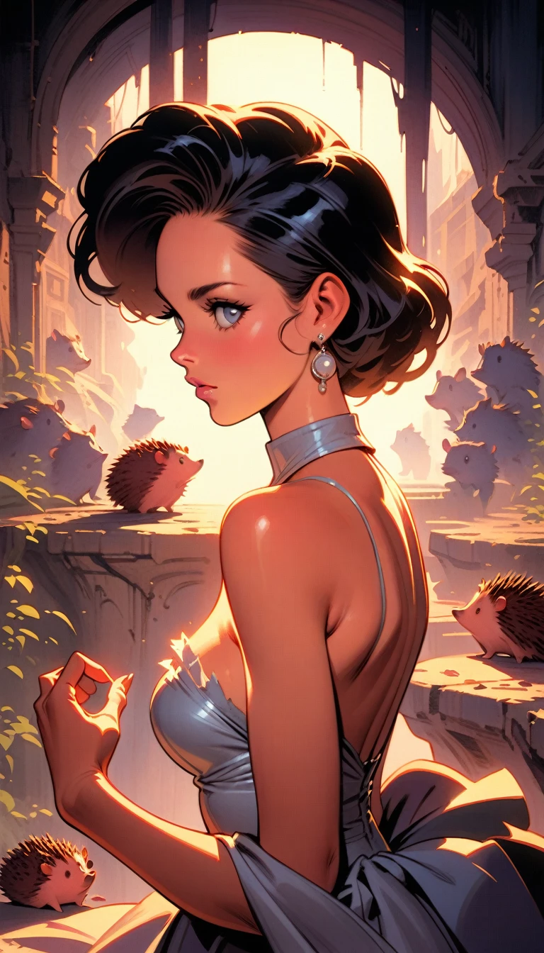 ((best quality)) , ((masterpiece)) , (detailed),illustration art by Dave Stevens and Lillian Bassman, Graceful (Man:1.2) , Multicolor hair styled as Caesar cut, Comic books, graphic novels, retro style, pin-up art, Fashion and art,elegant and sophisticated, innovative use of light and shadow, capturing the glamour of mid-20th century fashion, portrait art by Mary Cassatt, glossy, ambient, Complex, full color, fine artistic composition, enchanted,(((Lots of hedgehogs)))