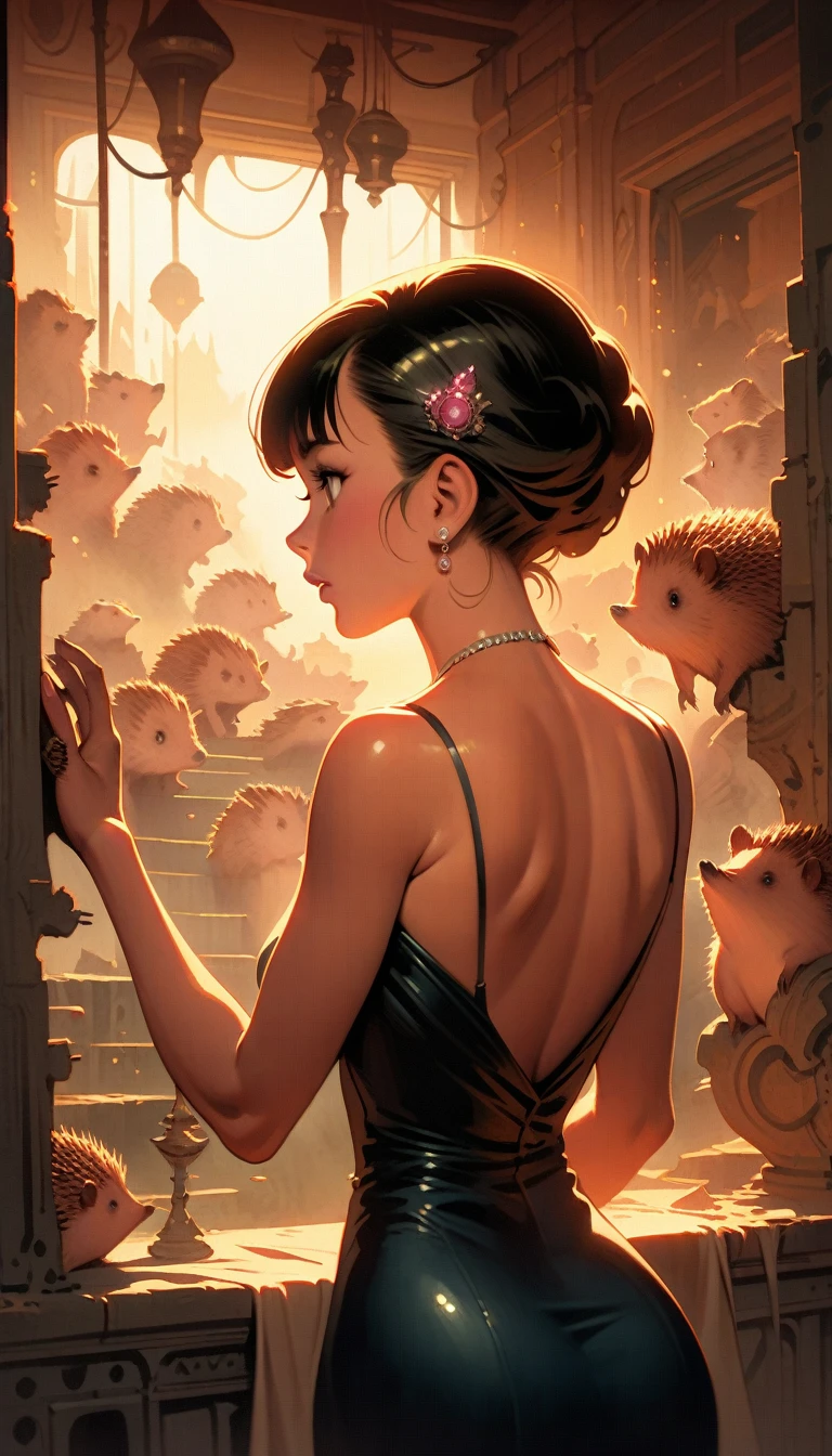 ((best quality)) , ((masterpiece)) , (detailed),illustration art by Dave Stevens and Lillian Bassman, Graceful (Man:1.2) , Multicolor hair styled as Caesar cut, Comic books, graphic novels, retro style, pin-up art, Fashion and art,elegant and sophisticated, innovative use of light and shadow, capturing the glamour of mid-20th century fashion, portrait art by Mary Cassatt, glossy, ambient, Complex, full color, fine artistic composition, enchanted,(((Lots of hedgehogs)))