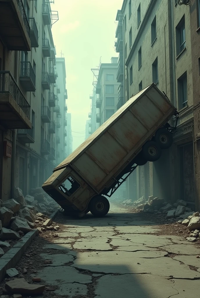 Truck overturned on the side of a building in zombie apocalypse city