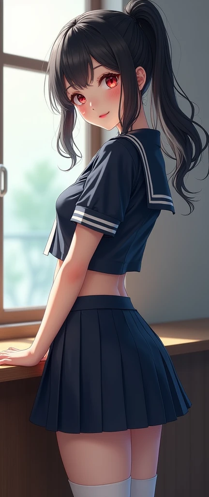 Highest quality、High resolution、Detailed Background、Realistic、Realistic、RAW Photos、Beautiful face in every detail、Highly detailed face、Detailed red eyes、Japan beautiful age girls、Perfect body line、Huge breasts、Black Hair、ponytail、Bobcut、Long Hair、Wavy Hairstyle、well-groomed eyebrows、Cute Lip Makeup、Calm atmosphere、A short-sleeved, shiny, dark-colored sailor suit、White sailor collar、Navy blue pleated skirt、Red ribbon、White Stockings、Standing by the window of a classroom、He looked at me with a happy expression.、Cute gestures、so beautiful