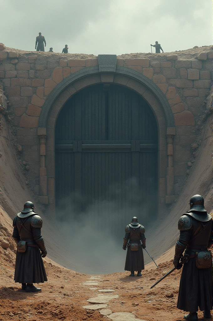 A huge iron gate lies horizontally on the ground, similar to a manhole cover, but of gigantic dimensions. Three soldiers in warrior armor surround her., watching her seriously. The door, completely flat, integrates with the soil, without being erected as part of a building, but extended like a barrier that hides something underneath.