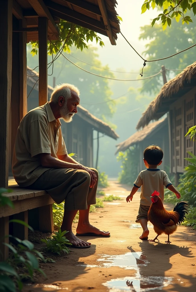 An old Malay man sits on the verandah watching his grandson play with the chicken on the wet floor in the morning in a Malay village