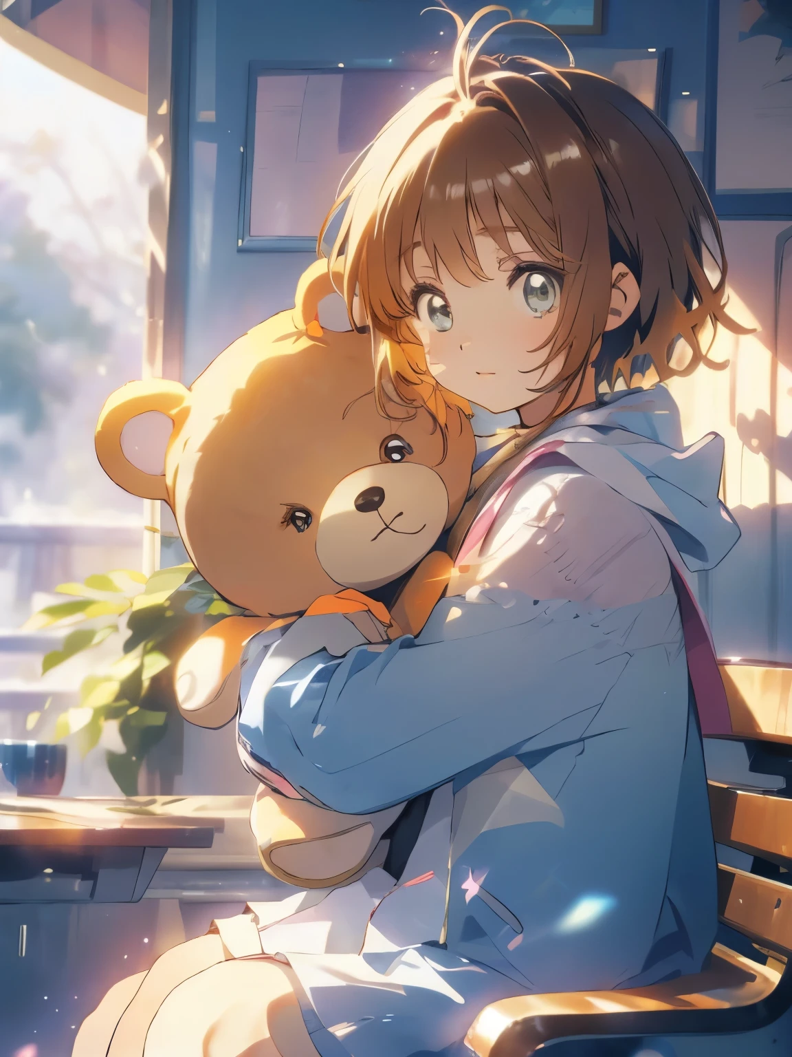 solo, (Sakura kinomoto), ((artwork)),((High resolution)), ((best quality)), extremely fine and beautiful, super fine illustration, (Realistic skin), (incredibly detailed anime eyes) , detailed face, vivid and beautiful, incredibly detailed, beautiful detailed girl, front view, perfect shadow, realistic lighting, warm colors, (Short hair), ((todler)), ((11 years)), (winter background), ((happy), hugging a teddy bear
