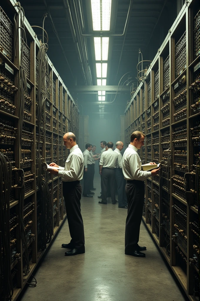 A full-room view of the ENIAC setup from 1945. The room is filled with rows of towering metal cabinets filled with thousands of vacuum tubes, wires, and switches. Engineers and programmers in 1940s attire are interacting with the machine, using notebooks and punch cards, under dim, industrial lighting."