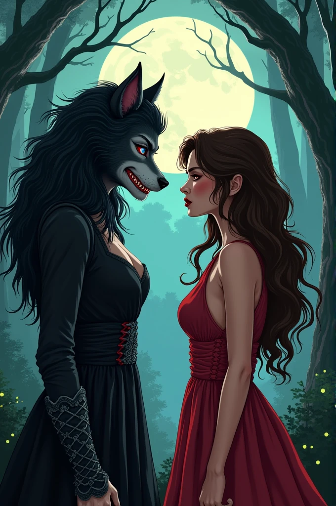 A book cover with written at the top Werewolf or vampire on the image the woman on the right is smaller than the left girl has red eyes because she is a werewolf she has brown hair and she is Mexican (mestisse) the one on the left is rather tall and has black wavy hair reaching her bust she is just American she has crystal blue eyes and vampire teeth and blood on clothes. They are in the forest with the full one behind her.
