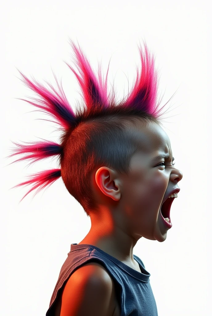 a screaming  in profile with a punk mohawk with 8 very thick spikes and a white background but the photo is in color