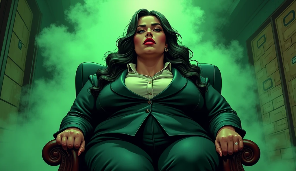 supersized beautiful morbidly obese young female mob boss woman wearing a mobster suit sitting in her office which is surrounded by olive green stink fumes, comic artstyle