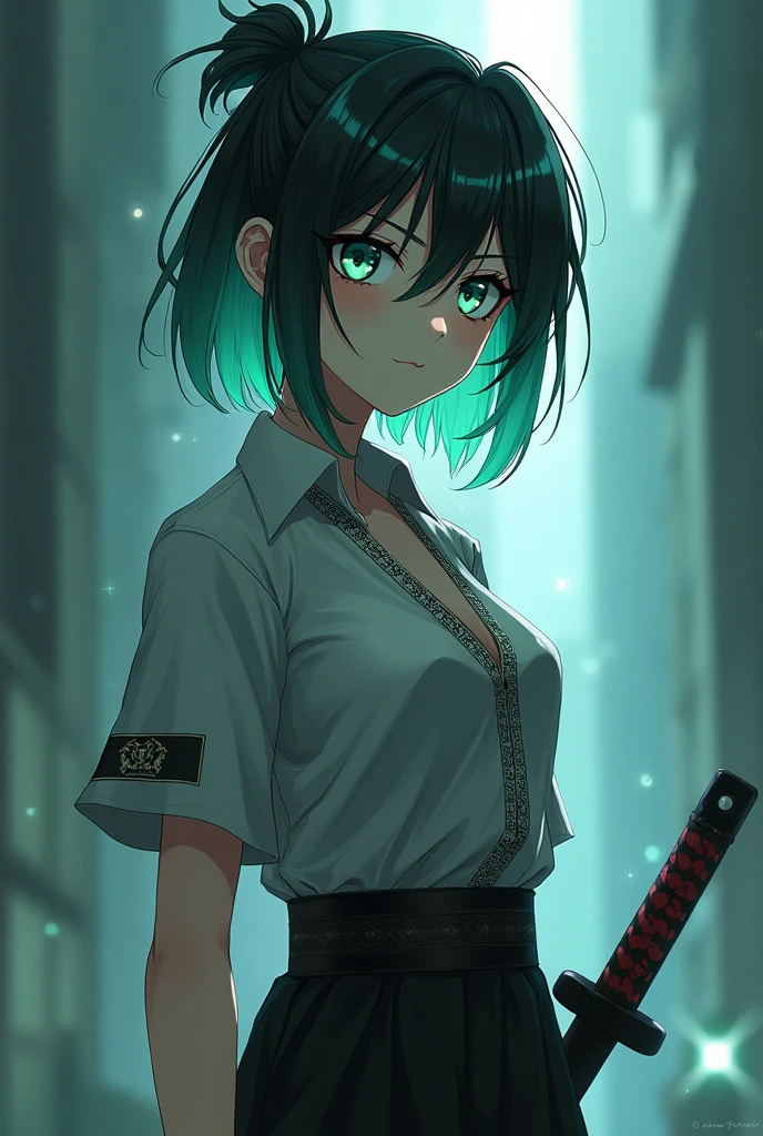 A girl in the style of the Kimetsu no Yaiba anime who has Daki makeup and short, tied-up black hair with mint-colored tips, also eyes of the same color and who has a demon hunter uniform. The uniform is the one worn by the Demon Slayer characters and has short sleeves and a low neckline., and that he has a katana and the uniform is gray
