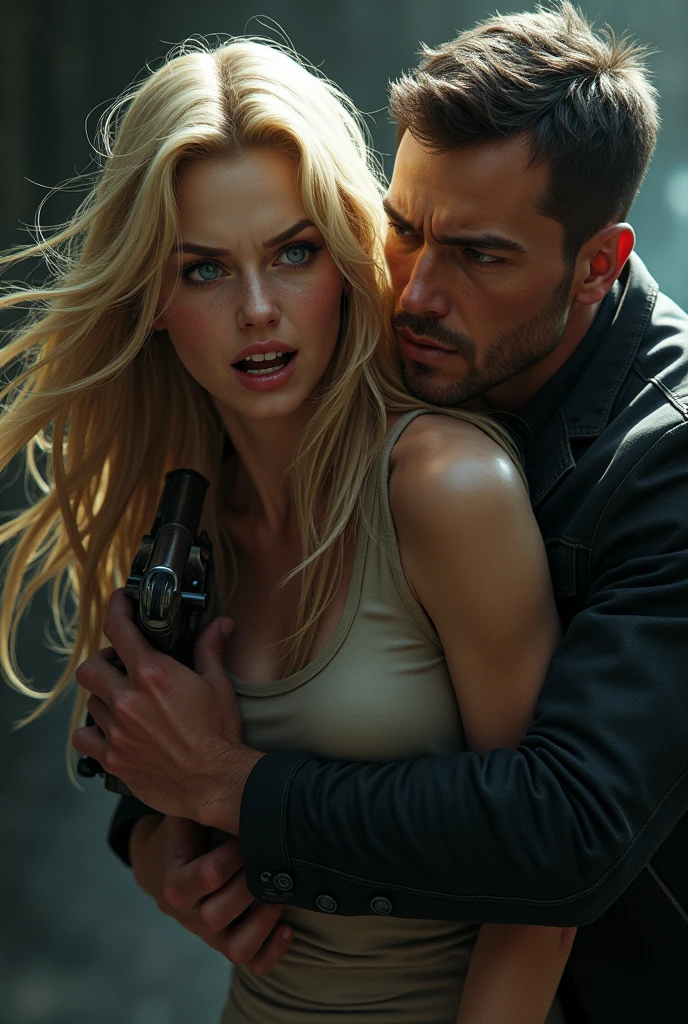 Two men, one holding a girl with long blond hair and blue eyes, the other holding a gun to her throat.. The girl is struggling terribly and screaming with pain..