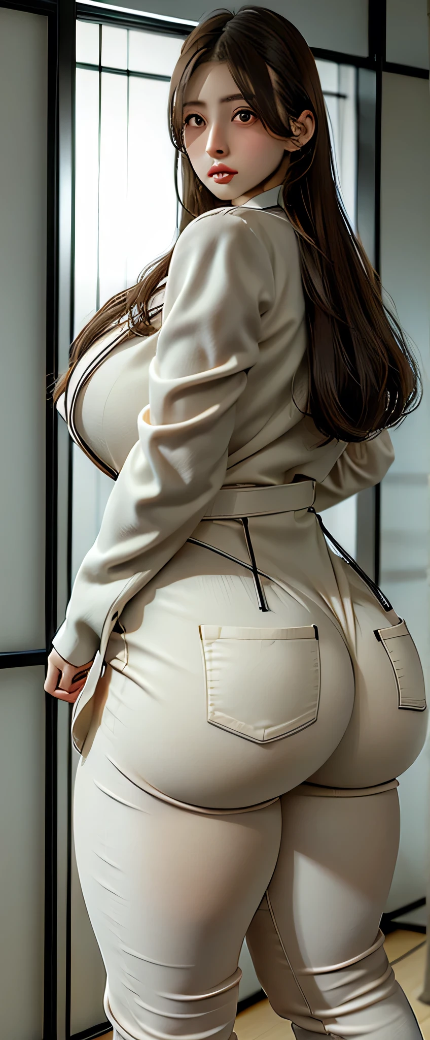 Super Beautiful office Lady,1. Female, Japanese,alone, Light brown flowing layered long hair, Brown eyes, Very tight white pantsuit, Captivating big ass, Big butt sticking out,Shooting from behind , Glamour, Perfect Proportions, office, Portraiture, High resolution, Highest quality, super high quality, Super Detail, Surreal, Realistic, Formal pants, One person in the frame