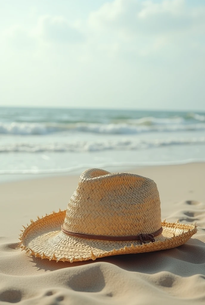 ultra realistic abandoned straw hat on the beach