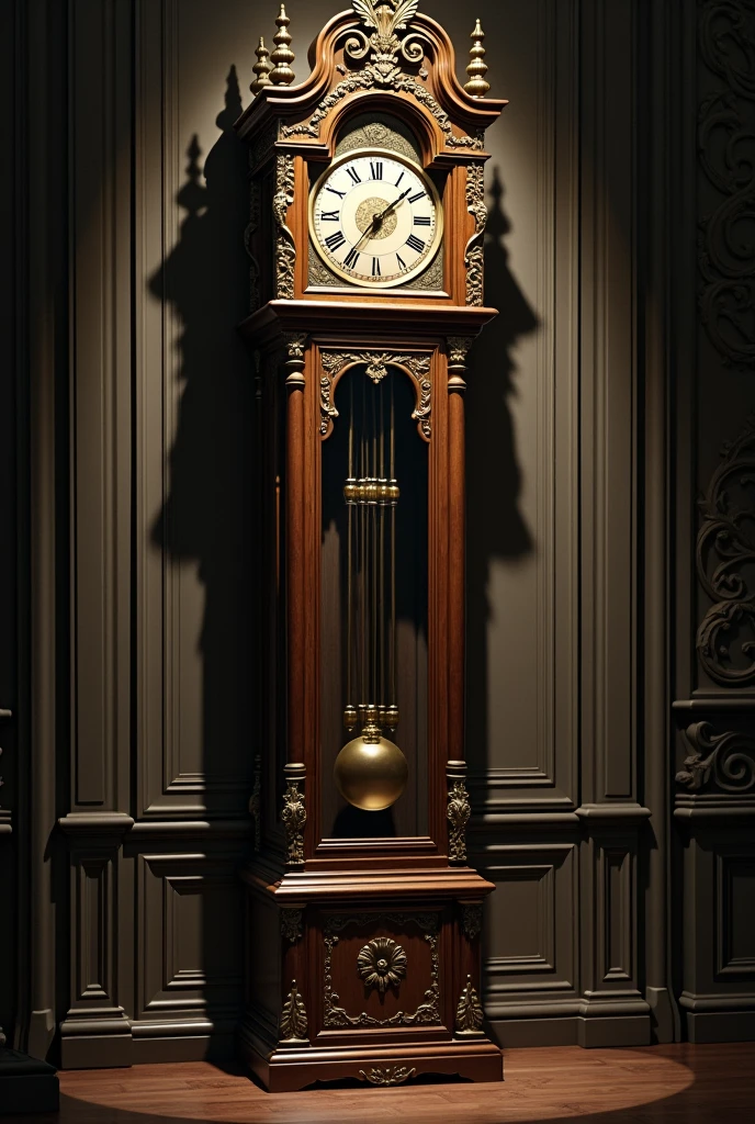 A tall, elegant grandfather clock with intricate carvings, possibly with a subtle hint of a hidden mechanism or a small, mysterious keyhole