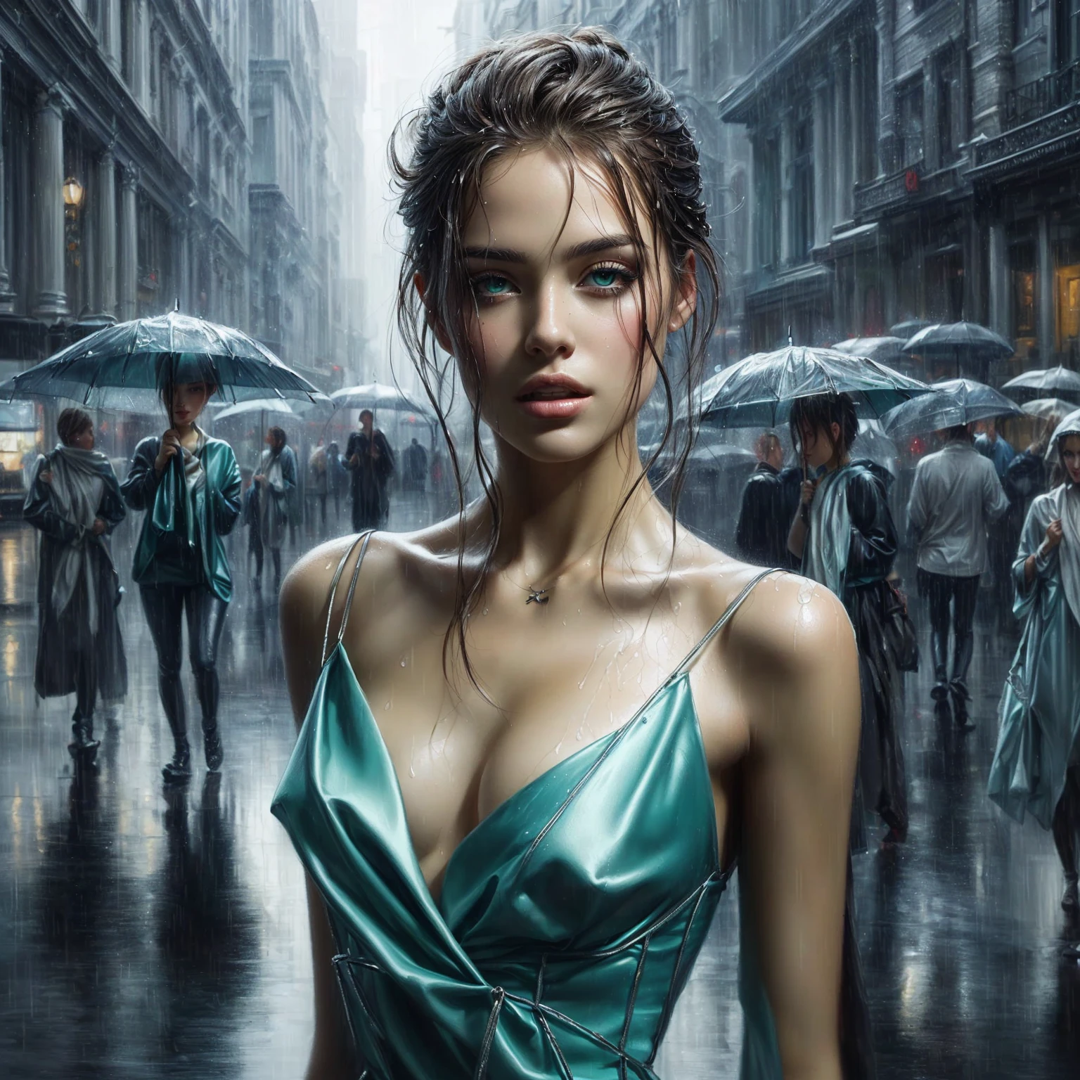 painting of a woman with wet hair in a green dress in a city street, rain, karol bak uhd, glossy digital painting, beautiful art uhd 4 k, stunning artwork, stunning digital painting, beautiful digital artwork, style of karol bak, elegant digital painting, realistic digital art 4 k, realistic digital art 4k, gorgeous digital painting, detailed painting 4 k