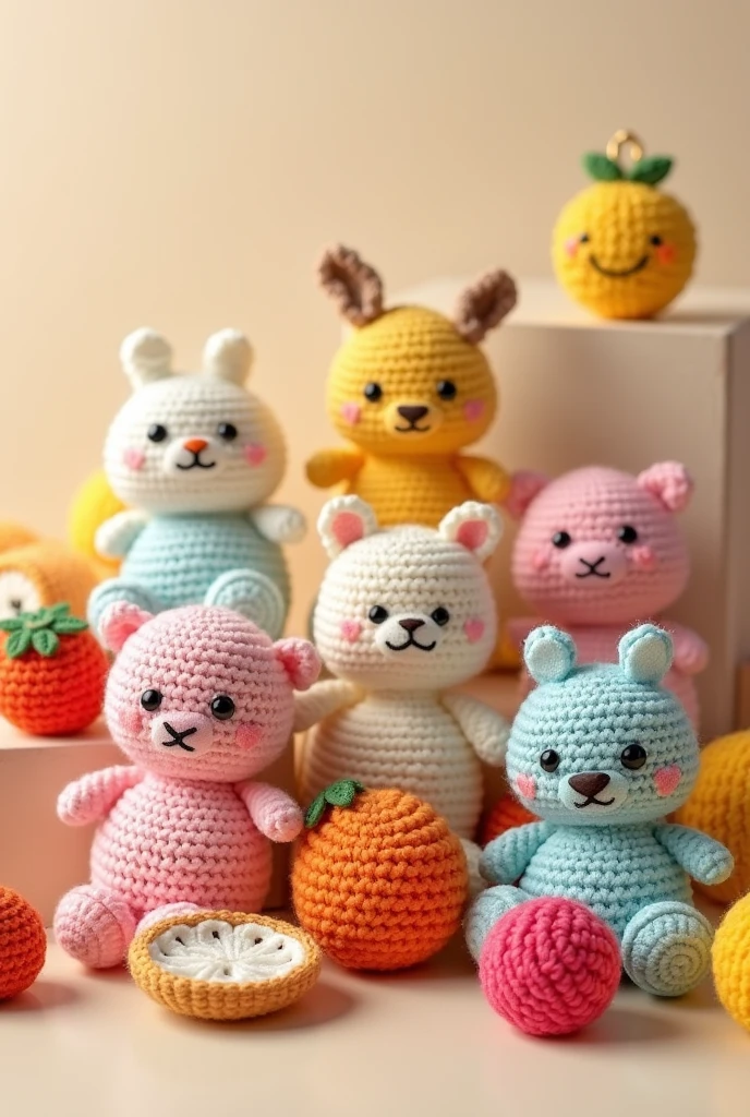 generates an image of some amigurumi keychains in the background