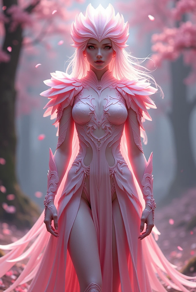 A tall, elegant Sakuriana warrior woman, clad in a unique armor that showcases both her beauty and extraordinary abilities. The armor is lightweight, crafted from petal-like material that's 100 times stronger than diamond, yet it appears delicate and organic. It features a shimmering pink and white color scheme, reminiscent of natural Sakura petals. The chest plate and shoulder guards are intricately adorned with floral patterns resembling blooming Sakura flowers. The sleek helmet has a visor shaped like overlapping petals, while the entire armor has a flexible, almost fluid-like appearance. Glowing veins of energy run through the armor, highlighting the warrior's regenerative and powerful nature. The background is a mystical forest, with Sakura petals falling around the warrior, enhancing her aura of sensuality and strength.