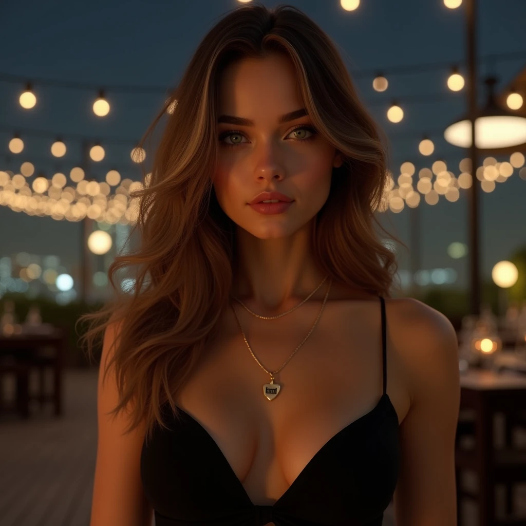 [beautiful young woman], [green eyes], [straight brown hair with frizz], [perfect hands], [black dress], [cleavage], [gold necklace], [rooftop party at night], professional, (4k image: 1.1), (Sharp Focus:1.3)