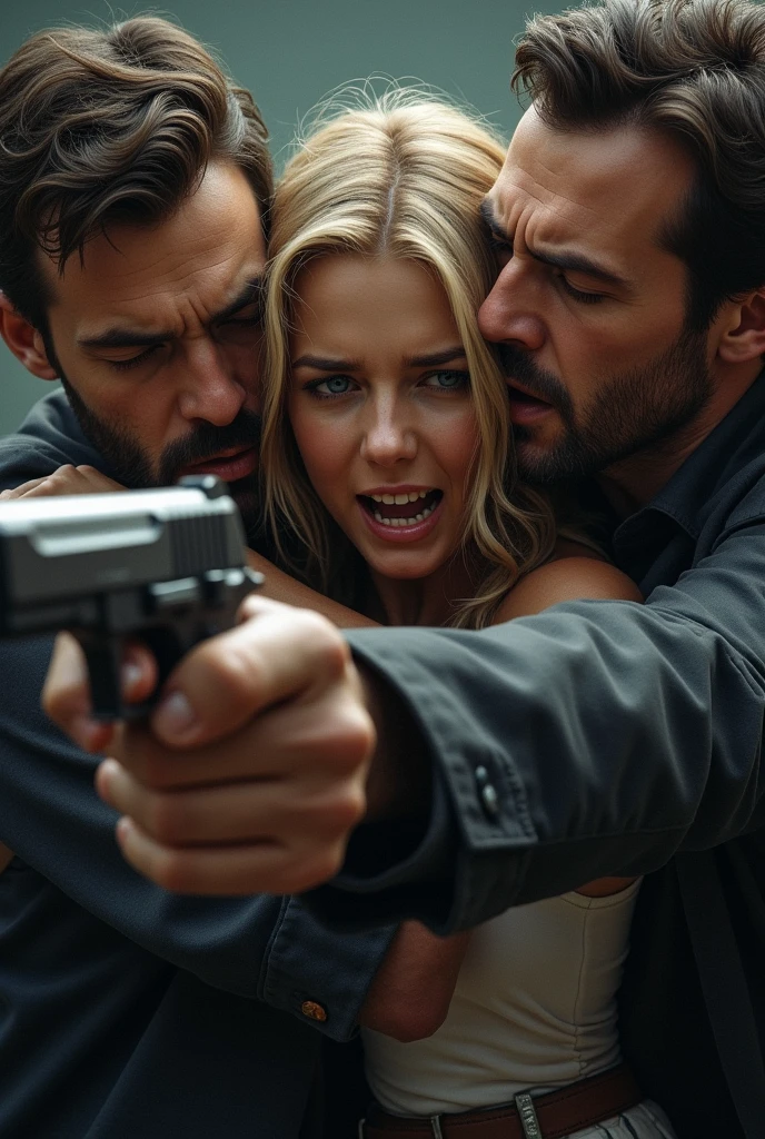 Two men, one holding a girl with long blond hair and blue eyes, the other holding a gun to her throat.. The girl is struggling terribly and screaming with pain..
