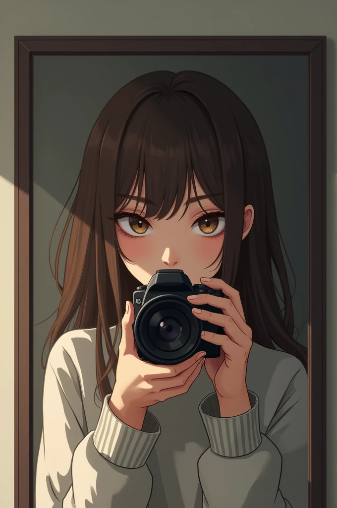 Image of a girl with long brown hair and brown eyes taking a picture in the mirror 