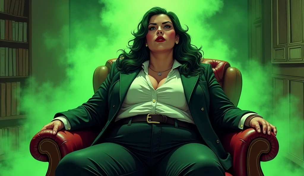 supersized beautiful morbidly obese young female mob boss woman wearing a mobster suit sitting in her office which is surrounded by olive green stink fumes, comic artstyle