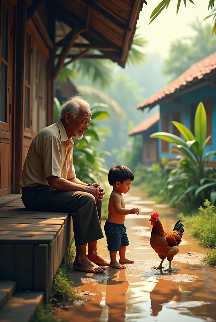 An old Malay man with a smile sitting on the veranda watching his grandson play with the chicken on the wet floor in the morning in a MALAY village