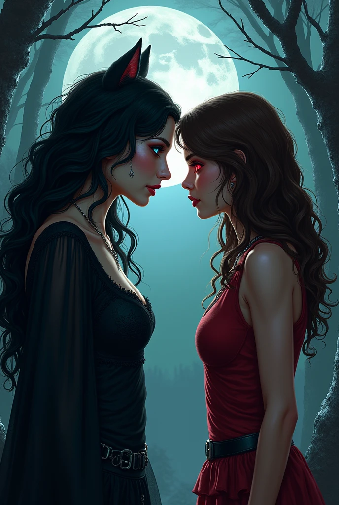A book cover with written at the top Werewolf or vampire on the image the woman on the right is smaller than the left girl she has red eyes because she is a werewolf she has brown hair and she is Mexican (mestisse) the one on the left is rather tall and has black wavy hair reaching her bust she is just American she has crystal blue eyes and vampire teeth and blood on clothes. They are in the forest with the full one behind her.