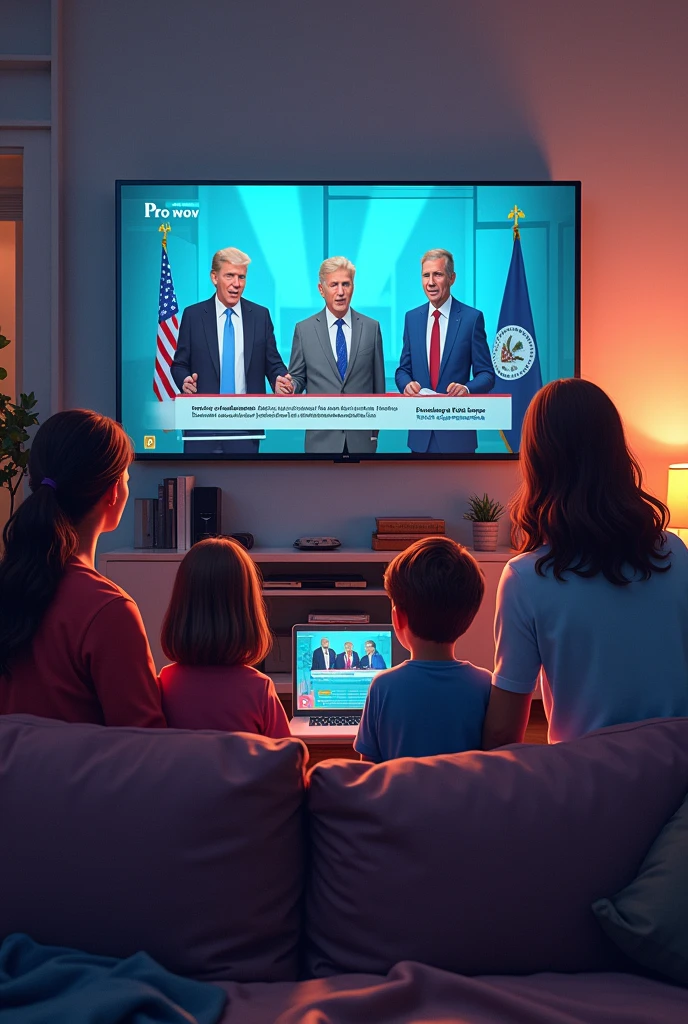 A modern scene where a family is watching the news about a political debate, and elsewhere a group of people sign an online petition.