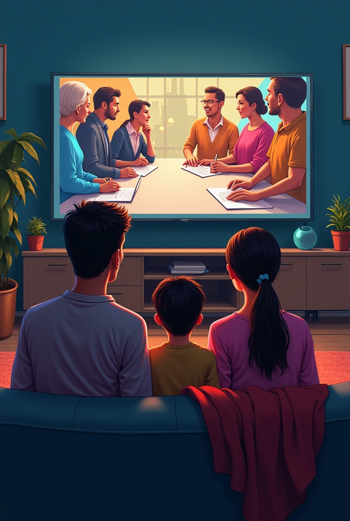 A modern scene where a family is watching the news about a political debate, and elsewhere a group of people sign an online petition.
