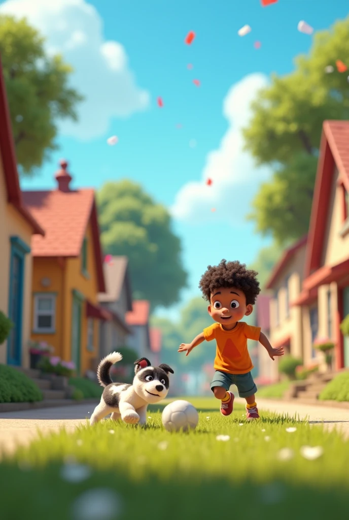 3D Animated Scene:
Environment: A street in a modest neighborhood, with simple houses and trees around. The sky is clear with vibrant, bright colors, creating a cheerful and energetic atmosphere.
Characters:
Boy: A mulatto child with curly hair and a contagious smile. He is wearing simple clothes that reflect his humble background, but they do not diminish his joy. His eyes sparkle with enthusiasm and hope.
Dog: A small, playful white and black puppy. He is the boy's loyal companion, always by his side, wagging his tail and jumping with joy.
Action:
Beginning of the Scene: The boy and the puppy are playing soccer on the street. The atmosphere is full of movement and color, with the ball rolling and the two friends having a great time.
Goal Moment: The boy kicks the ball with force and scores an imaginary goal, with the ball going between two objects he is using as makeshift goalposts. At this moment, he pauses with a dreamy look. The surroundings start to transform with visual effects, changing into a vibrant soccer stadium.
Daydream: In his imagination, he sees himself in the future, playing in a large stadium with a bright uniform of a famous team. He scores an incredible goal, and the crowd cheers for his play. The scene is filled with vibrant colors, confetti, and a sense of accomplishment.
Awakening: The boy returns to reality with a smile and laughter. He bends down to play with the puppy, and the two start running and jumping in the street. They are filled with joy and friendship.
Ending: The boy and the puppy run towards the horizon, with a sense of freedom and optimism, as the sun shines in the sky and the street remains their playground.