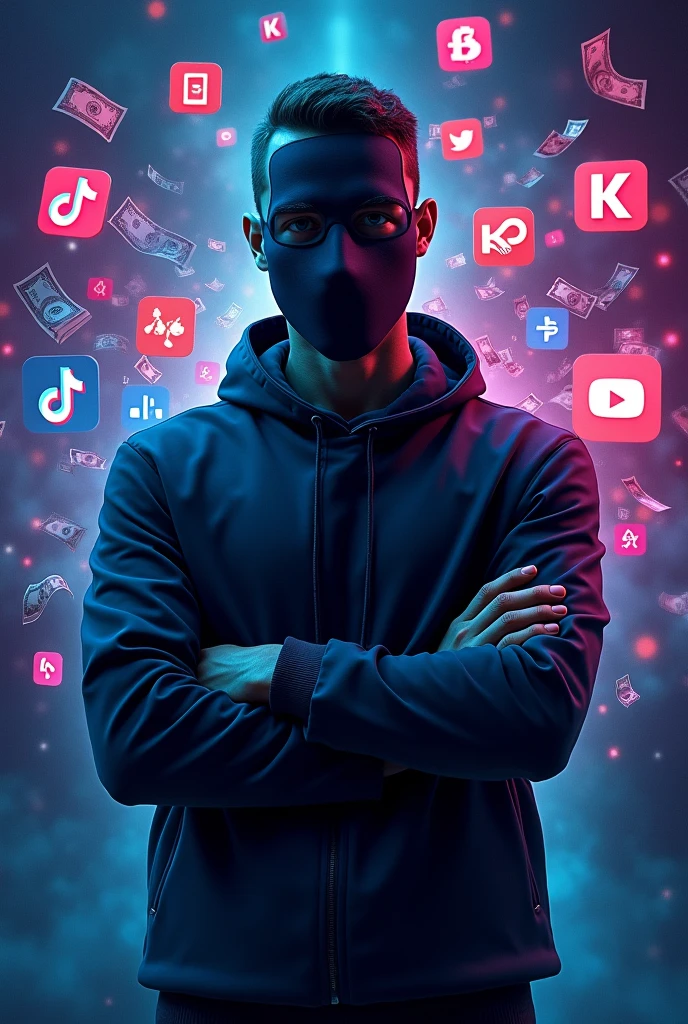 "Create a high-resolution, visually striking course cover image featuring a male figure hiding his face with a mask or covering that makes it difficult to identify his features, ensuring a high level of anonymity. The figure should be positioned dynamically in an action pose to emphasize secrecy. Use a vibrant and colorful background with a gradient or abstract design, incorporating rich, contrasting colors like deep blue, purple, and dark gray to add depth and visual interest, with a highly detailed and vibrant appearance. Place symbols of financial success, such as dollar signs ($), stacks of bills, or currency icons prominently behind the male figure, ensuring they are bold, highly detailed, and sharply contrasted. Integrate images of the TikTok, YouTube, and Kwai app icons into the background with exceptional clarity and resolution, making them large, prominent, and highly visible against the colorful backdrop. Include visual references to video editing, such as camera icons, film reels, or editing software icons (like scissors or a timeline), also in high resolution and vivid detail, subtly blended into the background but remaining clear and detailed. The overall style should be sleek and modern, with a balanced composition that ensures the main subject and thematic elements (money, video editing, and app icons) are visually harmonious and impactful. Avoid any text or written elements. The image should effectively convey the concepts of financial success through video content creation and the presence of popular video platforms while maintaining the theme of anonymity."