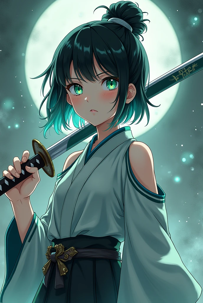 A girl in the style of the Kimetsu no Yaiba anime who has Daki makeup and short, tied-up black hair with mint-colored tips, also eyes of the same color and who has a demon hunter uniform. The uniform is the one worn by the Demon Slayer characters and has short sleeves and a low neckline., and that he has a katana, the uniform is grey and the edges of the collar and sleeves are white