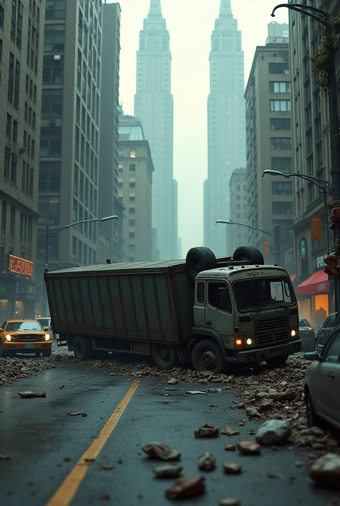 Truck overturned next to a building in the city for zombie apocalypse