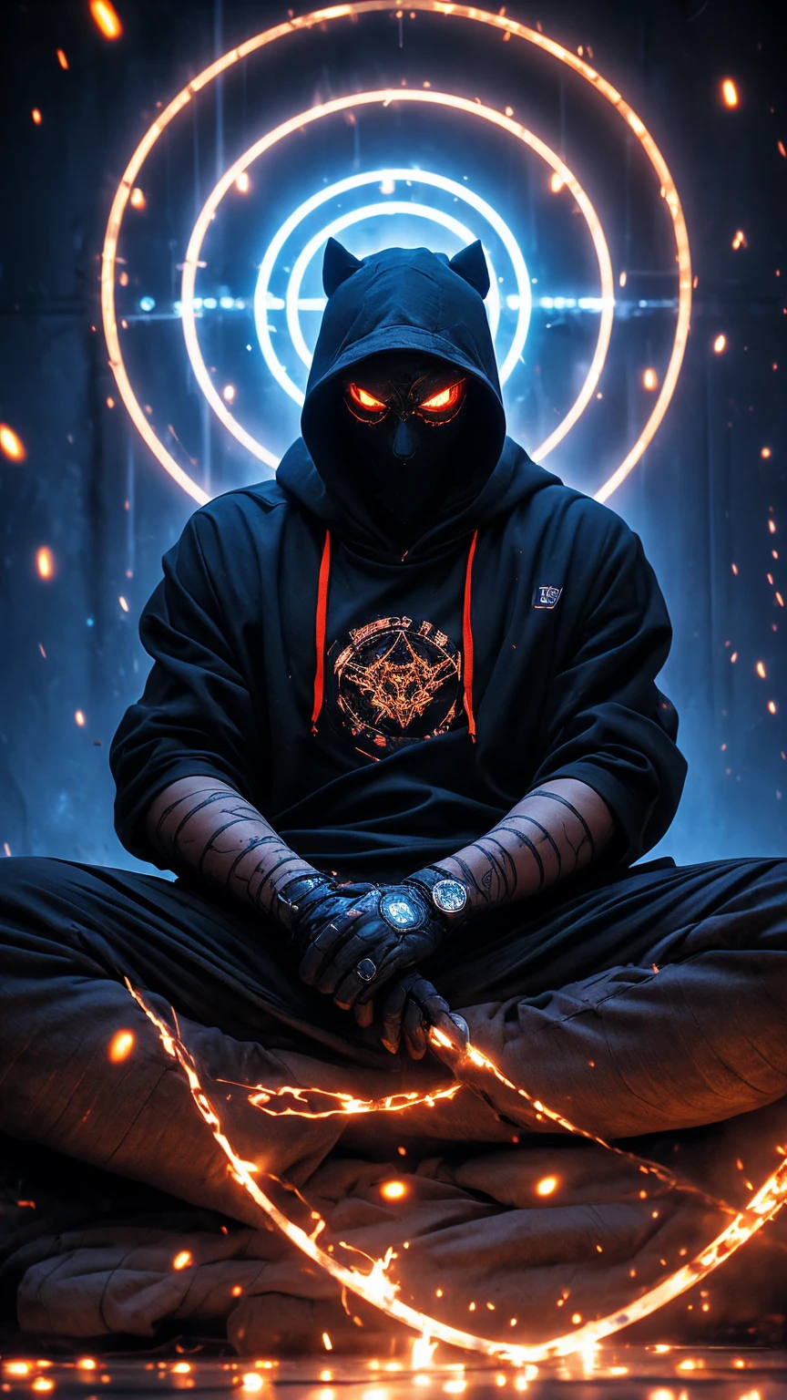 A shadowy character wearing a dark hooded jacket and a face covered by a glowing mask with a terrifying pattern of red eyes and a sinister smile in the form of glowing white stitching.. He is sitting in a relaxed manner in front of a metal fence, with a carefree but intimidating posture. The background is dark with a blue night sky, and the lighting dramatically highlights the shine of his eyes and mouth, while little red sparks float in the air, adding a tense and urban atmosphere. The style is dark and aggressive, with a cyberpunk and vigilante aesthetic, conveying a sense of latent danger.