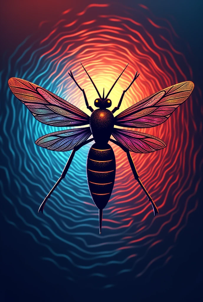 Create a logo for a mosquito repellent More creative and colorful that has a base in the middle and in the background colors that create red and blue waves blurring MORE CREATIVE NOT JUST A MOSQUITO