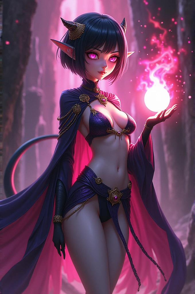 White skin, short black hair with pink and blue, slim, Long ears, Arabic (falda Arabic), anime, beautiful, Short witch outfit, malignant aura, dragon wings, body with scales and feathers, Energy ball, casting sorceress spell, lustful pink eyes with gold, innocent face, evil spell, dark pink aura, seductive pose, standing ass, tail up,camel lip in the crotch, His eyes are large and expressive, Resplendent irises of black tones and bright colors,
