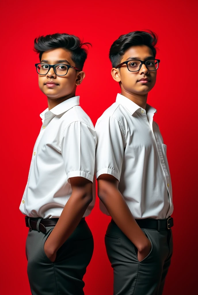2 Indian boy with fair skin wearing spectacle and narrow body posing for linkedin picture formal with red background 


