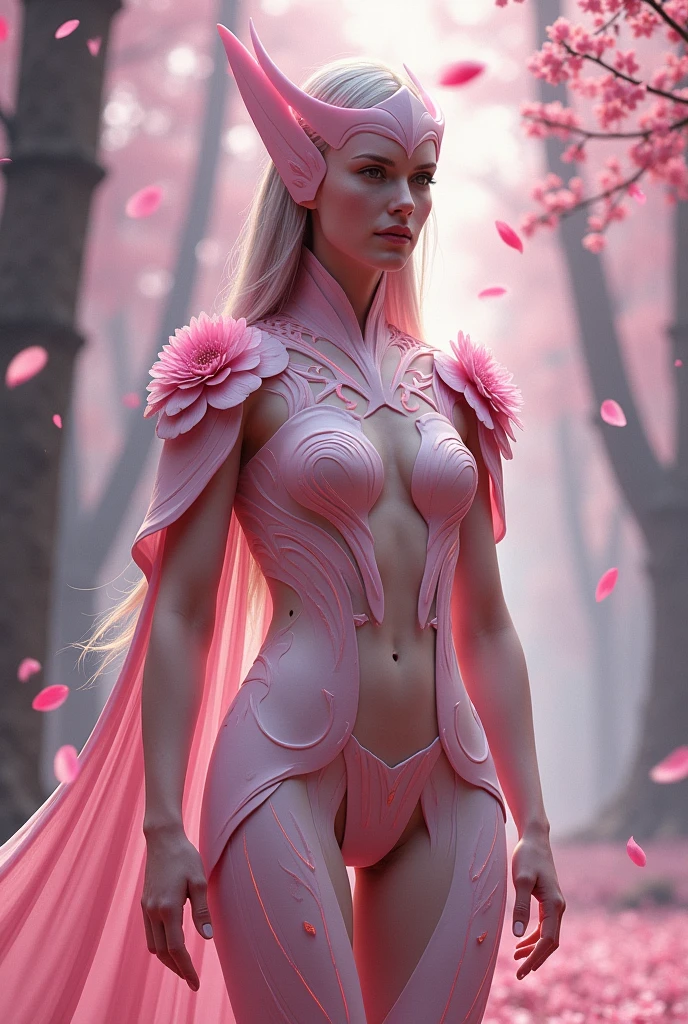 A tall, elegant Sakuriana warrior woman, clad in a unique armor that showcases both her beauty and extraordinary abilities. The armor is lightweight, crafted from petal-like material that's 100 times stronger than diamond, yet it appears delicate and organic. It features a shimmering pink and white color scheme, reminiscent of natural Sakura petals. The chest plate and shoulder guards are intricately adorned with floral patterns resembling blooming Sakura flowers. The sleek helmet has a visor shaped like overlapping petals, while the entire armor has a flexible, almost fluid-like appearance. Glowing veins of energy run through the armor, highlighting the warrior's regenerative and powerful nature. The background is a mystical forest, with Sakura petals falling around the warrior, enhancing her aura of sensuality and strength.