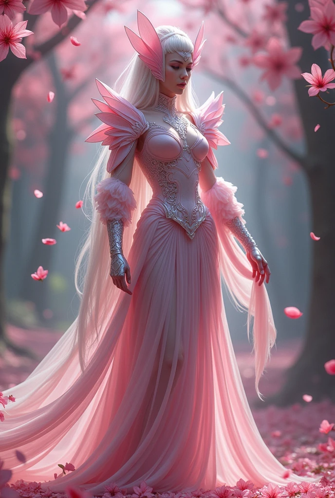 A tall, elegant Sakuriana warrior woman, clad in a unique armor that showcases both her beauty and extraordinary abilities. The armor is lightweight, crafted from petal-like material that's 100 times stronger than diamond, yet it appears delicate and organic. It features a shimmering pink and white color scheme, reminiscent of natural Sakura petals. The chest plate and shoulder guards are intricately adorned with floral patterns resembling blooming Sakura flowers. The sleek helmet has a visor shaped like overlapping petals, while the entire armor has a flexible, almost fluid-like appearance. Glowing veins of energy run through the armor, highlighting the warrior's regenerative and powerful nature. The background is a mystical forest, with Sakura petals falling around the warrior, enhancing her aura of sensuality and strength.