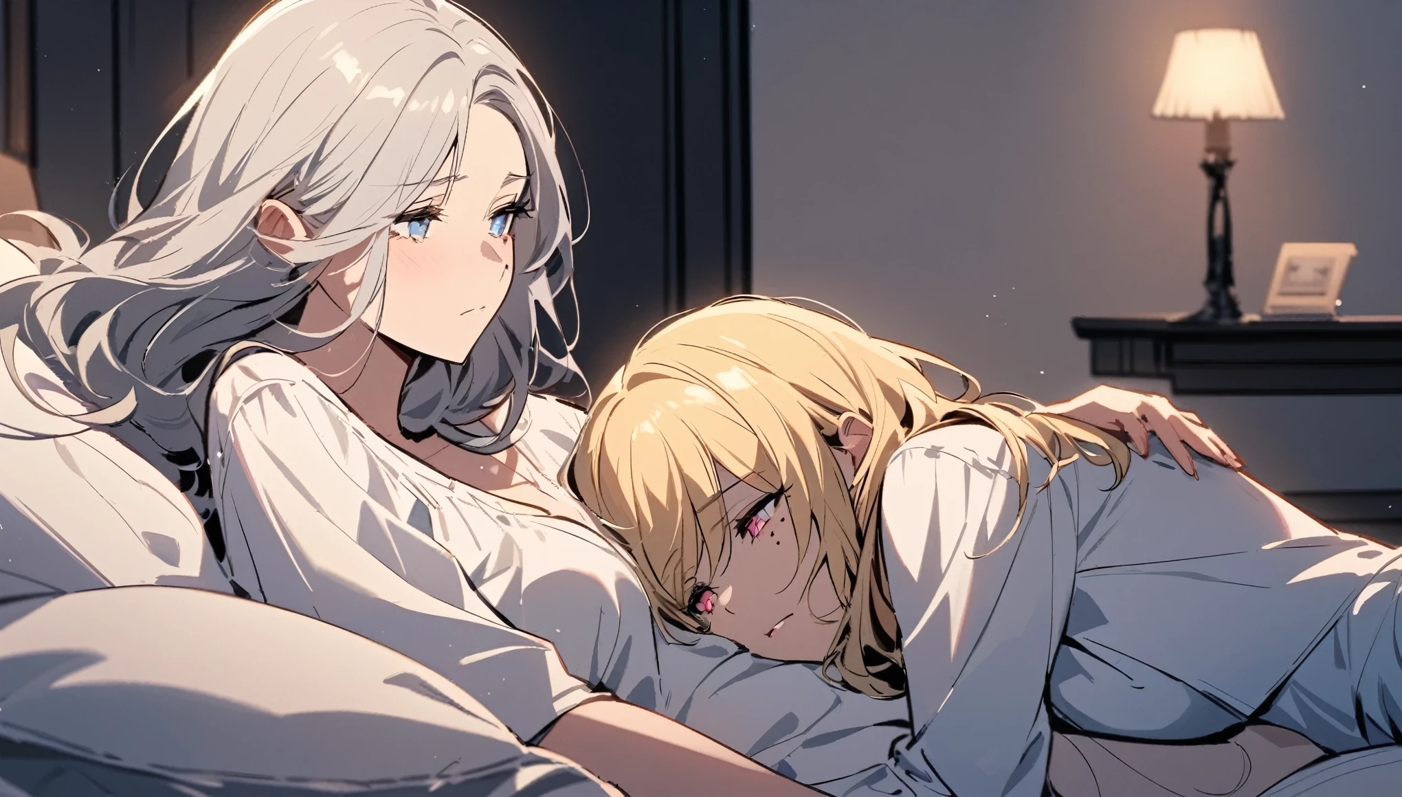 The two are embracing each other on a bed, the woman looks like she is about to cry and is looking away from the other woman, but deep down she wants to embrace her tightly. The other woman looks at the woman sadly, but she doesn't flinch, showing her strength of not giving up. In the background, a bedroom stand lamp is shining. The woman is a teenage girl character with grey hair, glowing red eyes, long hair, and a mole under her left eye. The other female character has blonde hair, glowing blue eyes, short hair,