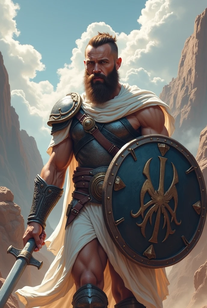 warrior with determined expression, shield with image of 3 claws.