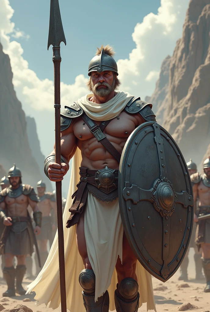 warrior with determined expression, shield with image of 3 claws.