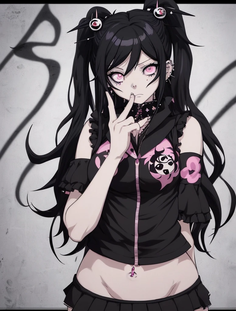 anime girl with black hair and piercings making a hush gesture, 1  anime goth girl, demon slayer rui fanart, Junko Enoshima, in an anime style, she has white eyes!!!, & his expression is solemn, Junko Enoshima de danganronpa, (anime girl), she has a nice expressive face, with the index finger