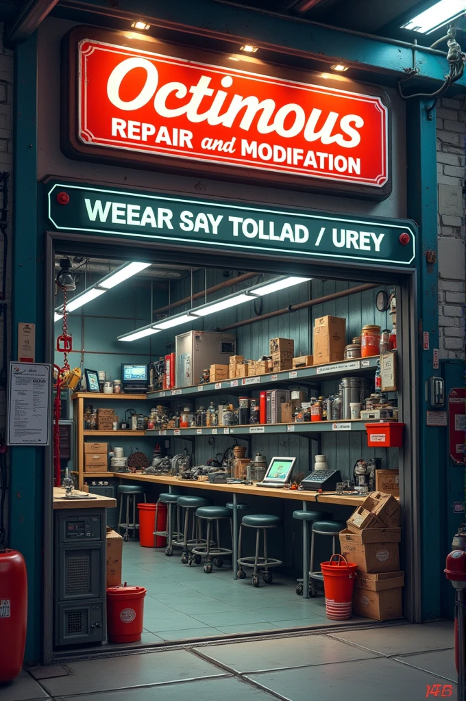 Notice that says octimous repair and modification workshop Spare parts Luxuries Paint Travel accessories
