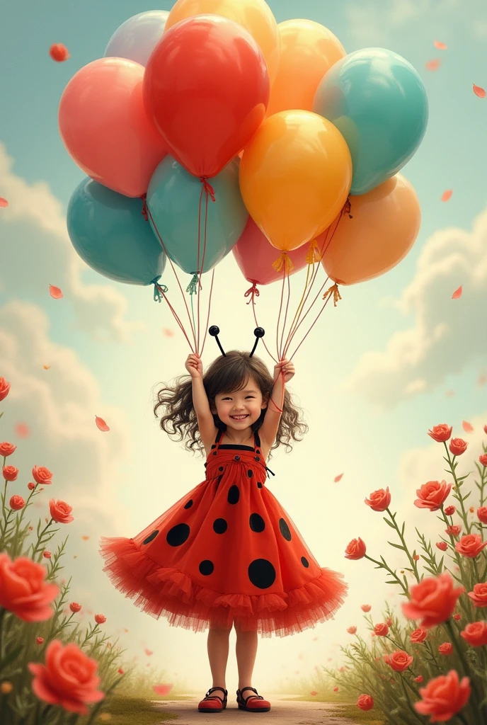 a in a ladybug dress holding balloons