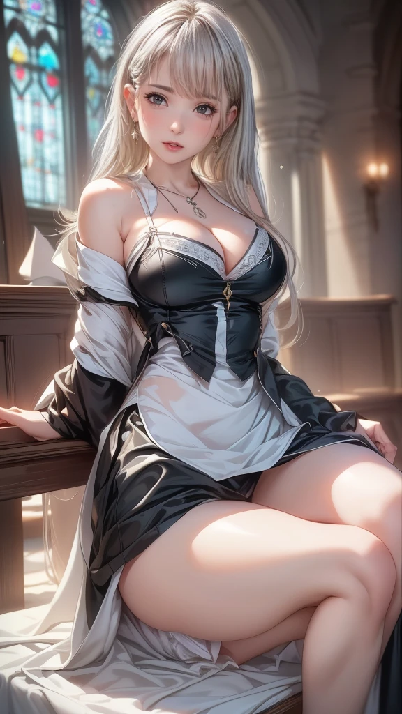 (table top: 1.3), (maximum resolution: 1.2), (Ultra HDTV: 1.2), cinematic light, 8K resolution, fine eyes and skin, detailed facial features, , (sharp focus: 1.2), (focus on face:1.2),perfect style, beautiful face, acura, anatomically correct, Highly detailed face and skin texture, fine eyes, double eyelid, thin eyebrows, glitter eyeliner: 1 natural cheeks, Glossy skin, Fair skin: 1.2, (glossy lips: 1.4),、 (embarrassed look: 1.2),Highly detailed face and skin texture, fine eyes, double eyelid, natural cheeks, , glossy lips: 1.4,exposed cleavage、collected sperm、Overflowing sperm、flowing sperm、 blush、humiliating、impatience、It was too disappointing、It was scary、glare、sexual excitement、provocation、embarrassing、please open your knees、open your legs、 white underwear、white bra、Sparkling small earrings and necklace、disheveled clothes、exposed panties、Sweat、thin underwear、stockings、 2, A neat and clean woman,1 person、 blonde、silver hair、blue eyes、green gray eyes、upturned chest, church、Stained glass,(monastic uniform:1.2)、disgusting face、shed tears、